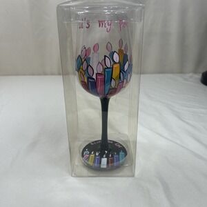 NEW De-Lite Hand Painted Wine Goblet It's My Party Design Birthday Candles